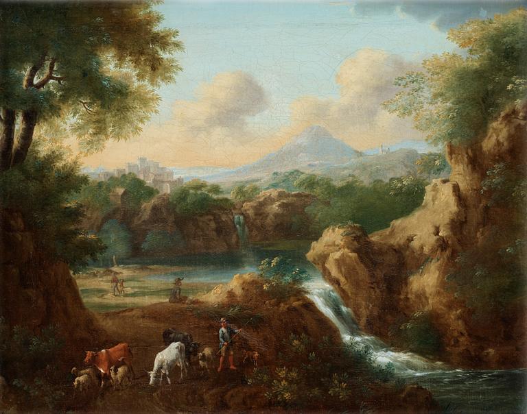 Jan Dirksz Both, Pastoralt landskap med figurer och kreatur vid ett vattenfall.