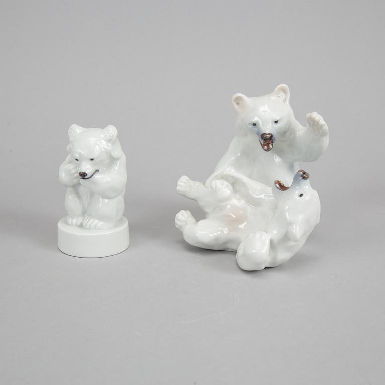 Royal Copenhagen, four porcelain polar bears, 085, 335, 346 and 729, Denmark.