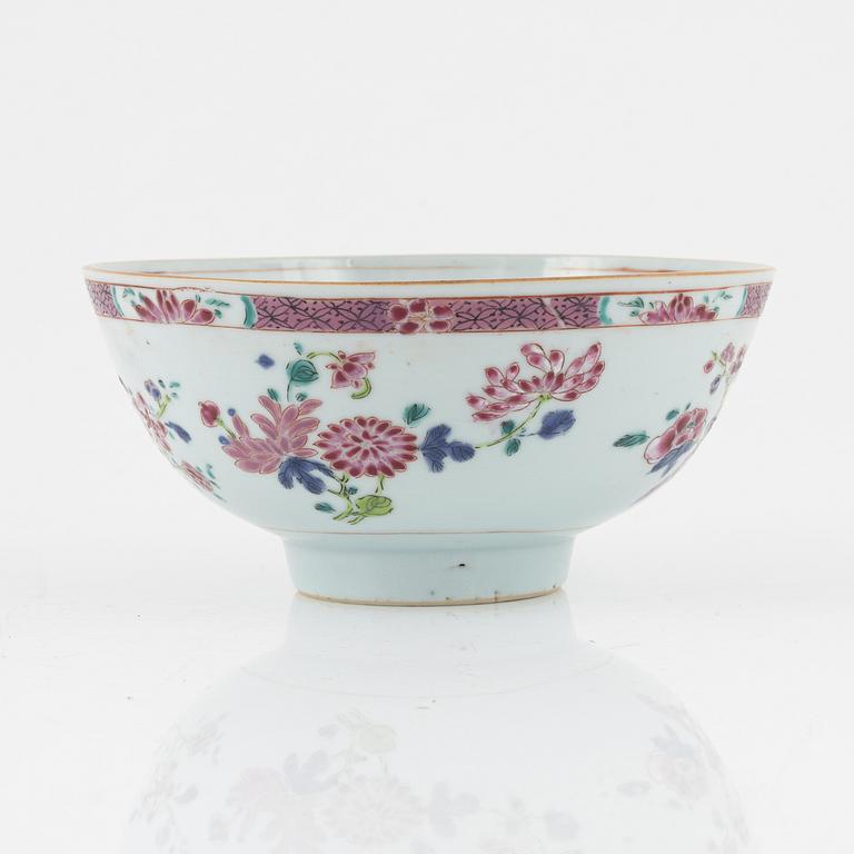 A famille rose dish, sauce boat and bowl, Qing dynasty, 18th Century.