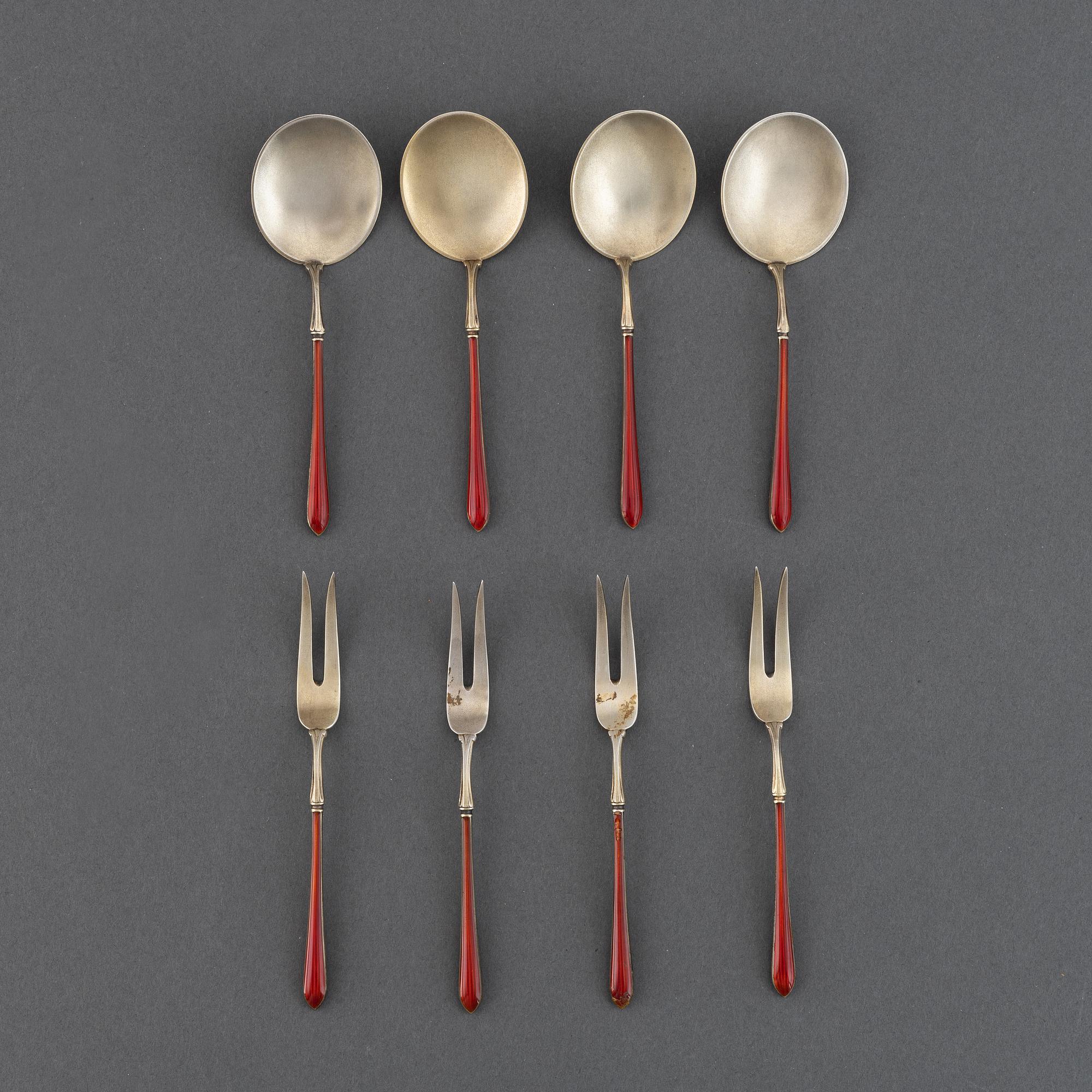 4+4 pc silver and enamel cutlery, J Tostrup, Oslo circa 1920.