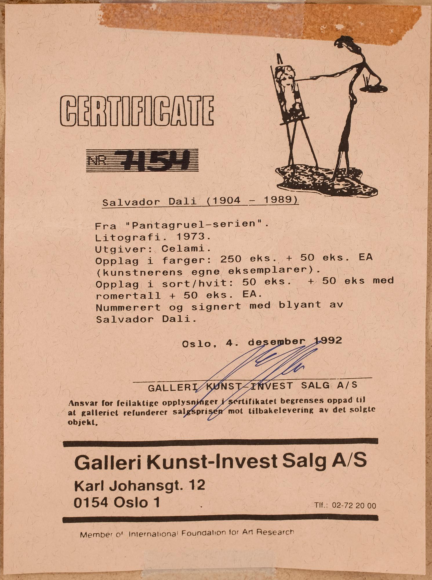 SALVADOR DALI, litografi på japanpapper, signerad och numrerad 80/250.