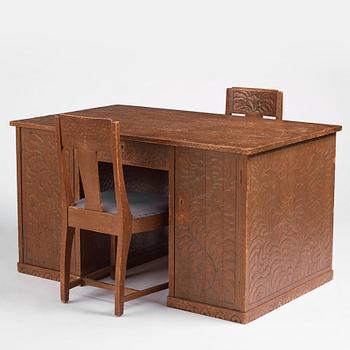 Otto Wretling, tillskrivet, skrivbord, "partner's desk", med två stolar, tidigt 1900-tal, jugend.