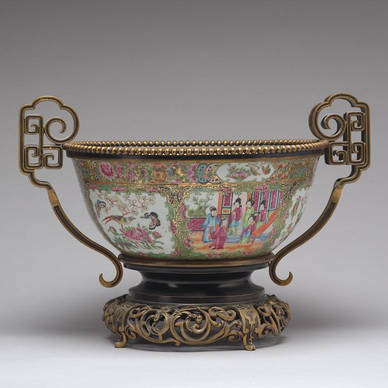 A large famille rose metal mounted Kanton punch bowl, Qing dynastin, 19th Century.