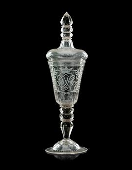 716. A large cut and engraved Swedish goblet with cover, Kungsholms glasbruk, first half of 18th Century.