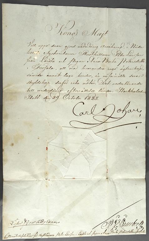 KUNGLIGT BREV, sign Carl Johan (Karl XIV Johan) samt dat 29 October 1823.