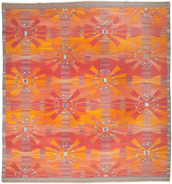 Barbro Nilsson, MATTA, "Park röd, Korsnäs", gobelängteknik, ca 447,5 x 424 cm, signerad AB MMF BN.