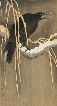 Ohara Koson, 'Crow / raven in snow', 'Geese in flight' and 'Crow / raven resting on a branch between flowers'.