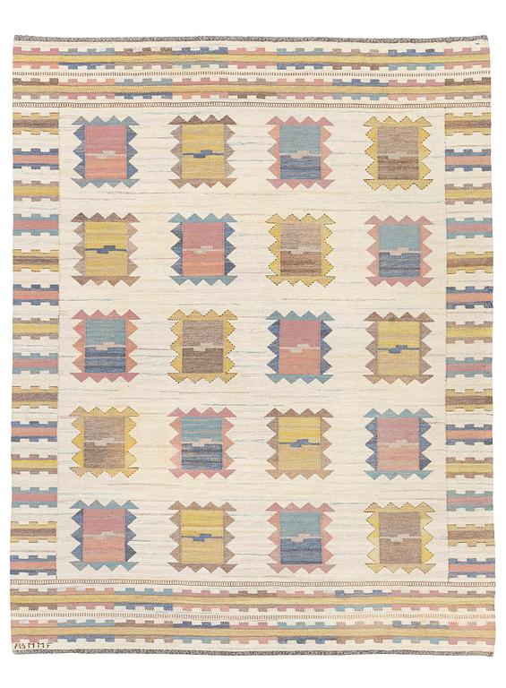 Märta Måås-Fjetterström, a carpet, "Ljusa plador", flat weave, c 257 x 203 cm, signed AB MMF.