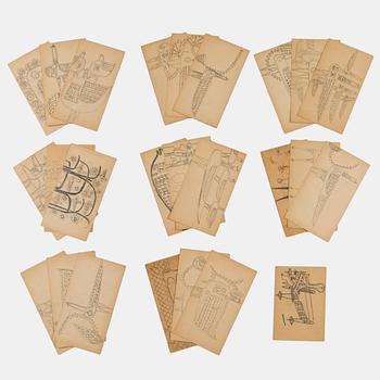 Birger Kaipiainen, kokoelma alkuperäisiä luonnoksia, 25 kpl, lyijykynä, Rörstrandin poissaolokorteille, 1954–1958.