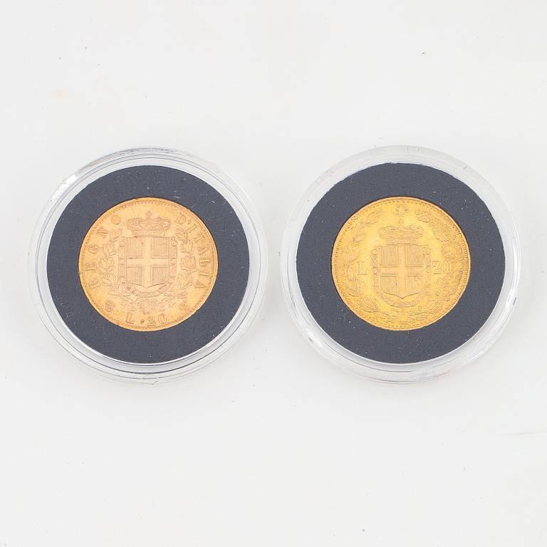 Two Italian 20 Lire gold coins, 1863 & 1888.