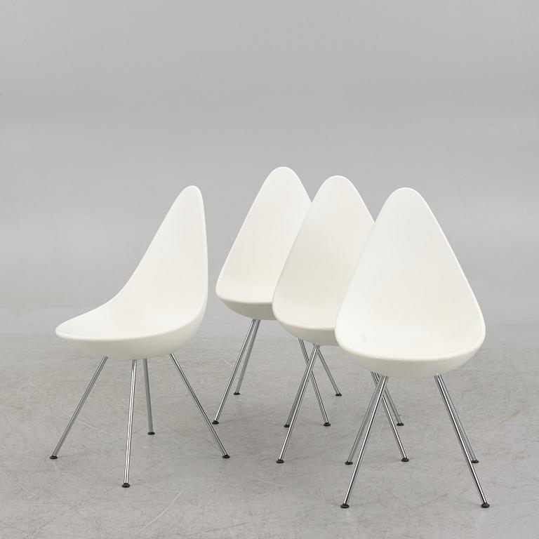 Arne Jacobsen, a set of four 'Drop' chiars, Fritz Hansen, Denmark 2019.