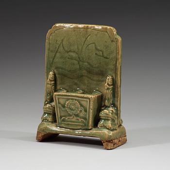 A celadon table screen shaped brush stand, Ming dynasty (1368-1644).