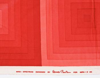 CURTAINS, 3 PIECES, AND SAMPLERS, 4 PIECES. Cotton velor. A variety of light red nuances and patterns. Verner Panton.