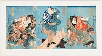 UTAGAWA KUNIYOSHI (1797/98-1861), three color woodblock prints, triptych, Japan.