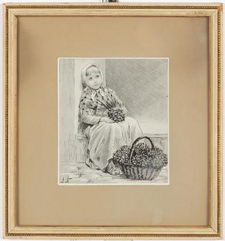 Jenny Nyström, Flicka med blommor, skrapkartong och tusch, monogramsignerad.