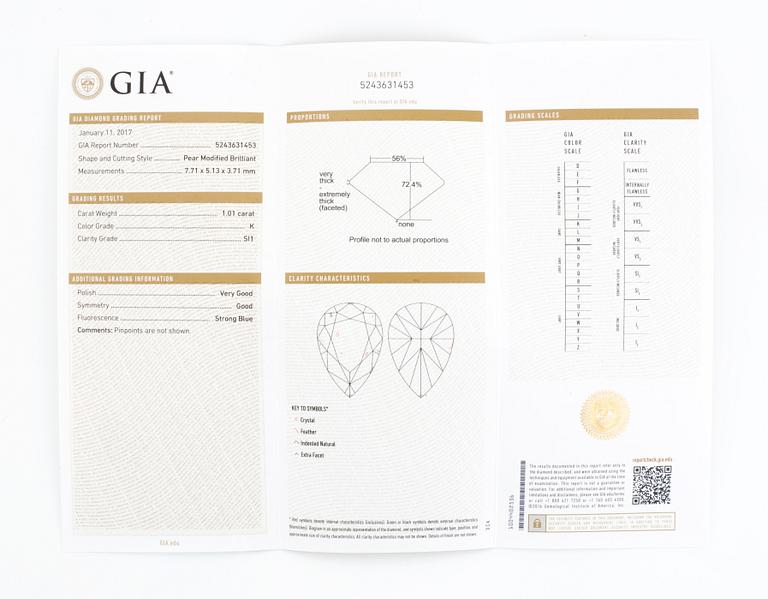 COLLIER, med droppformad diamant 1,01 ct, med GIA certifikat.