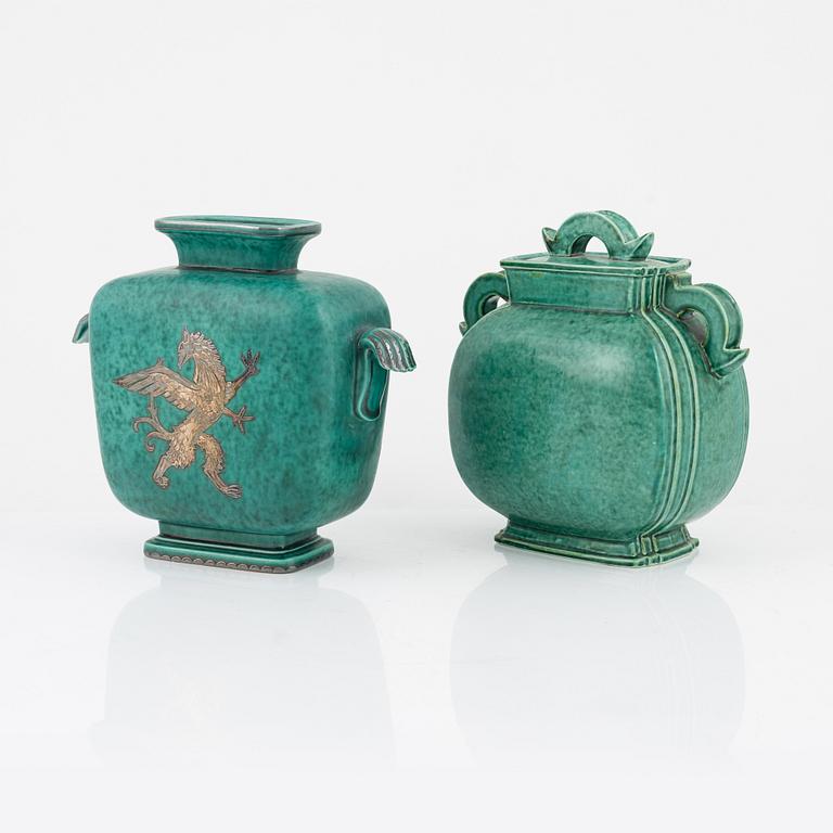 Wilhelm Kåge, vase  "Argenta", Gustavsberg, and green vase with lid.