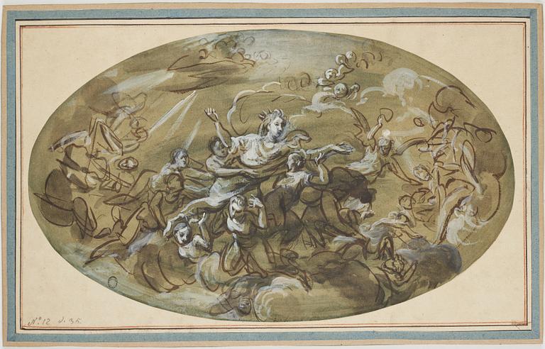 JOSEPH FRANÇOIS PARROCEL, hans krets. Oval. Osignerad. Tusch och täckvitt, bildyta 24,5 x 41 cm.