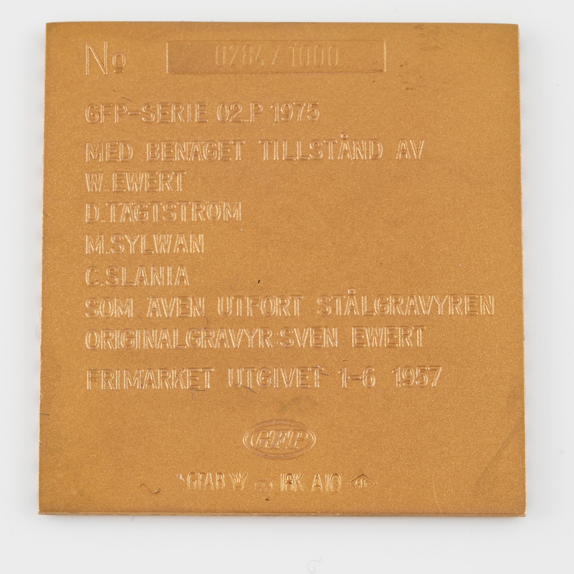 PLAKETT, 18K guld, numrerad 155/1000, 1975, vikt ca 27 g.