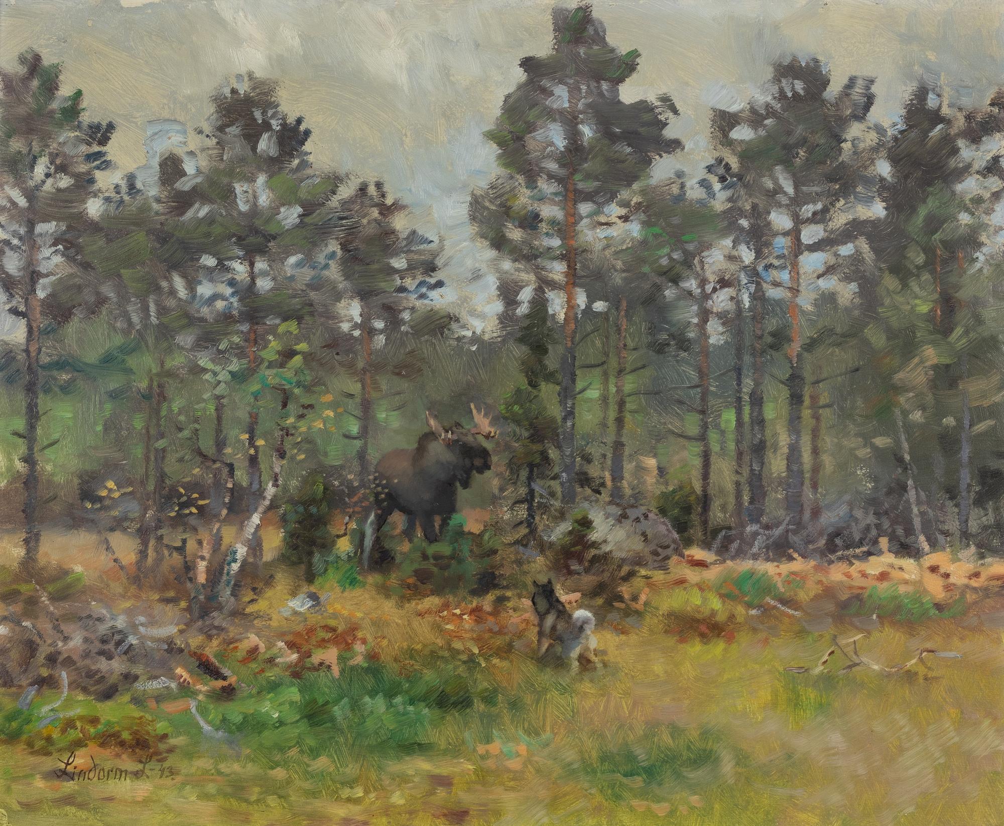 Lindorm Liljefors, Dog Pointing at Moose.