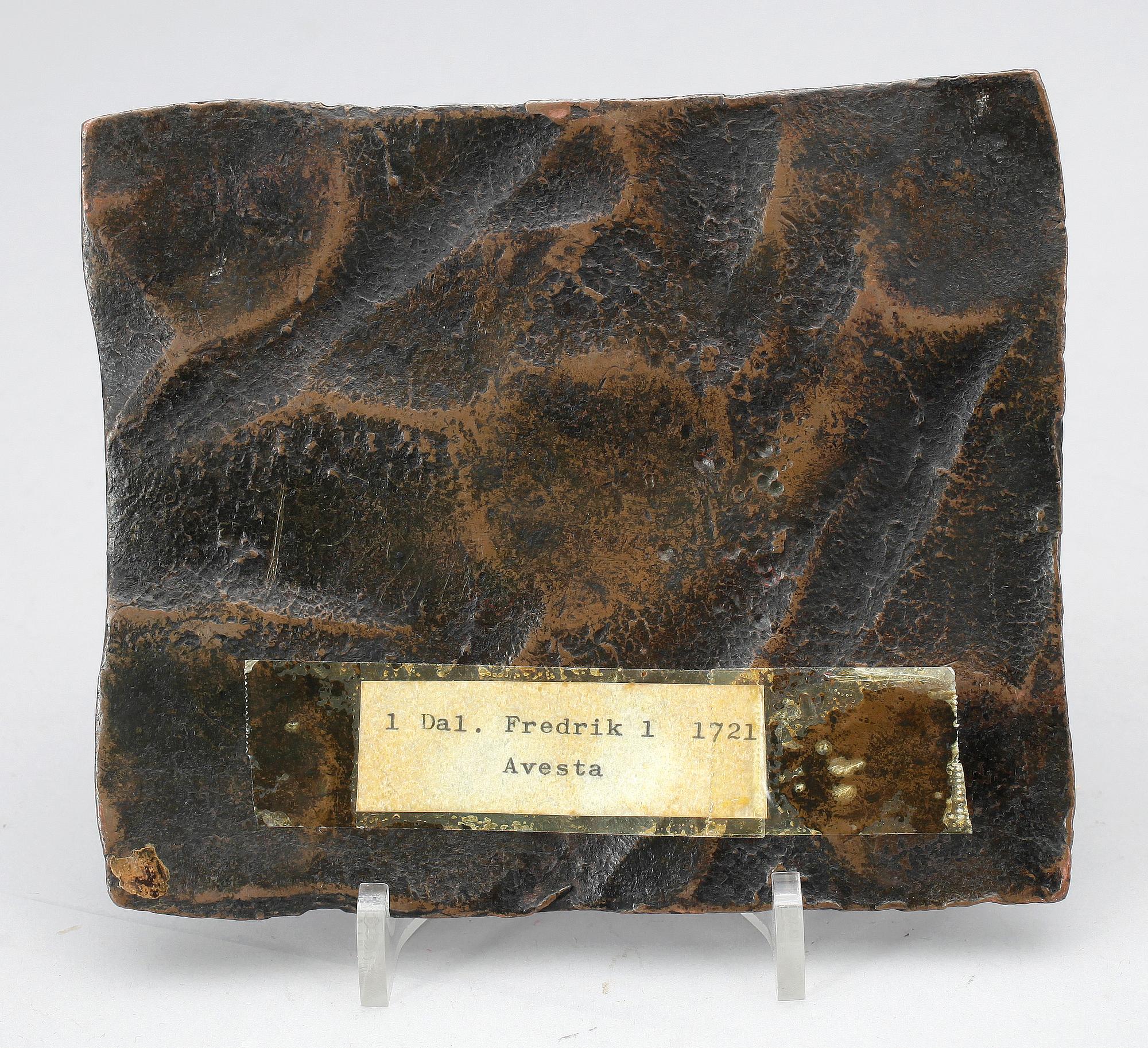 PLÅTMYNT, koppar, 1 daler silvermynt, Fredrik I, Sverige 1721.