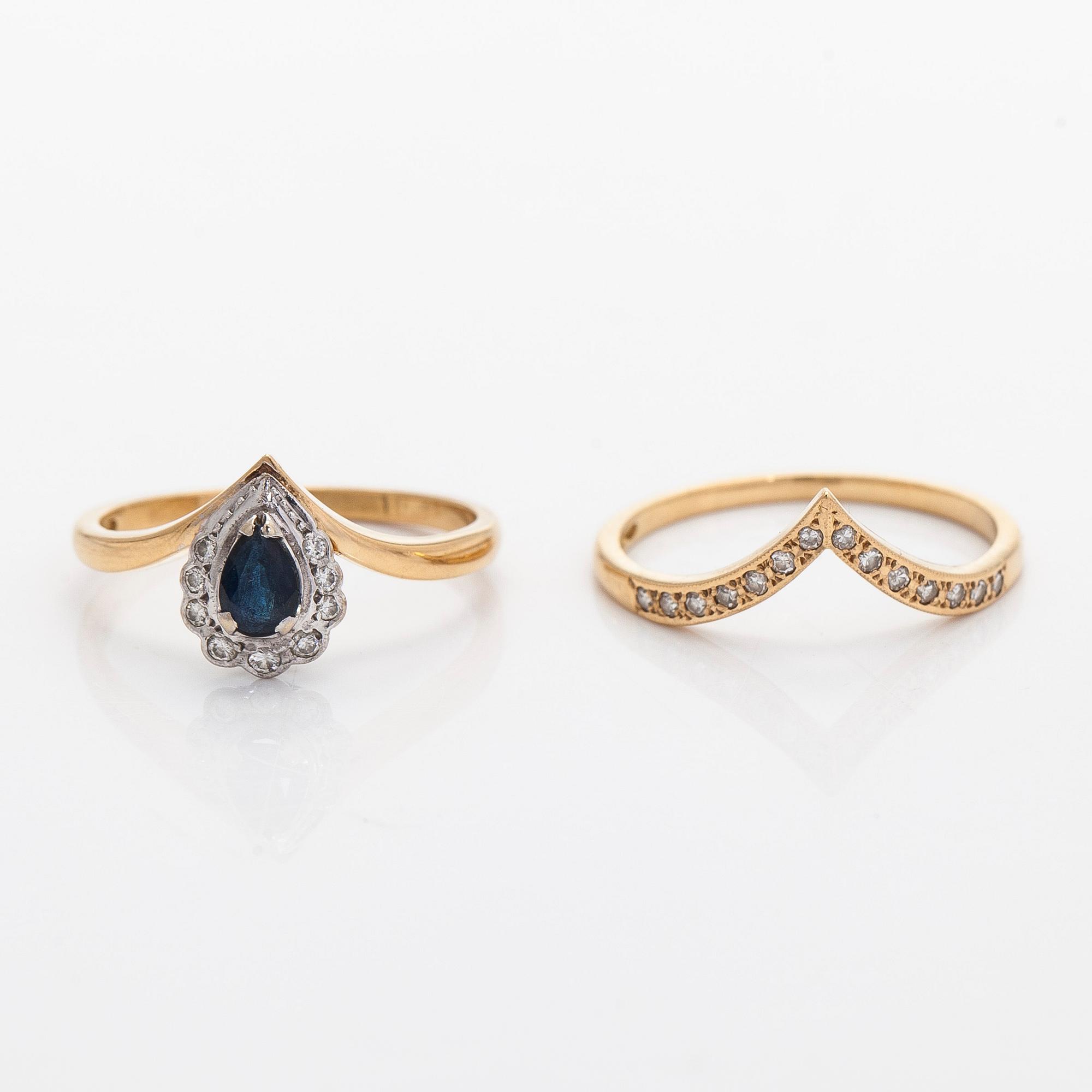 Rings, 2 pcs, faceted sapphire, brilliant- and 8/8-cut diamonds, 18K gold.