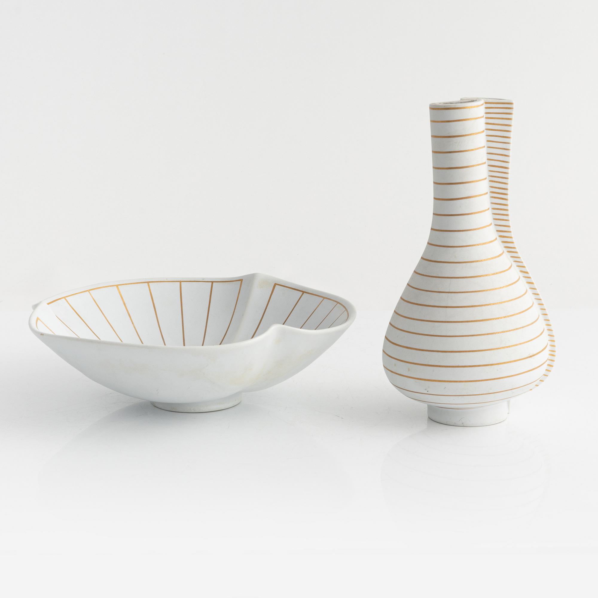 Wilhelm Kåge, vas och skål, stengods, "Guldsurrea", Gustavsbergs studio.