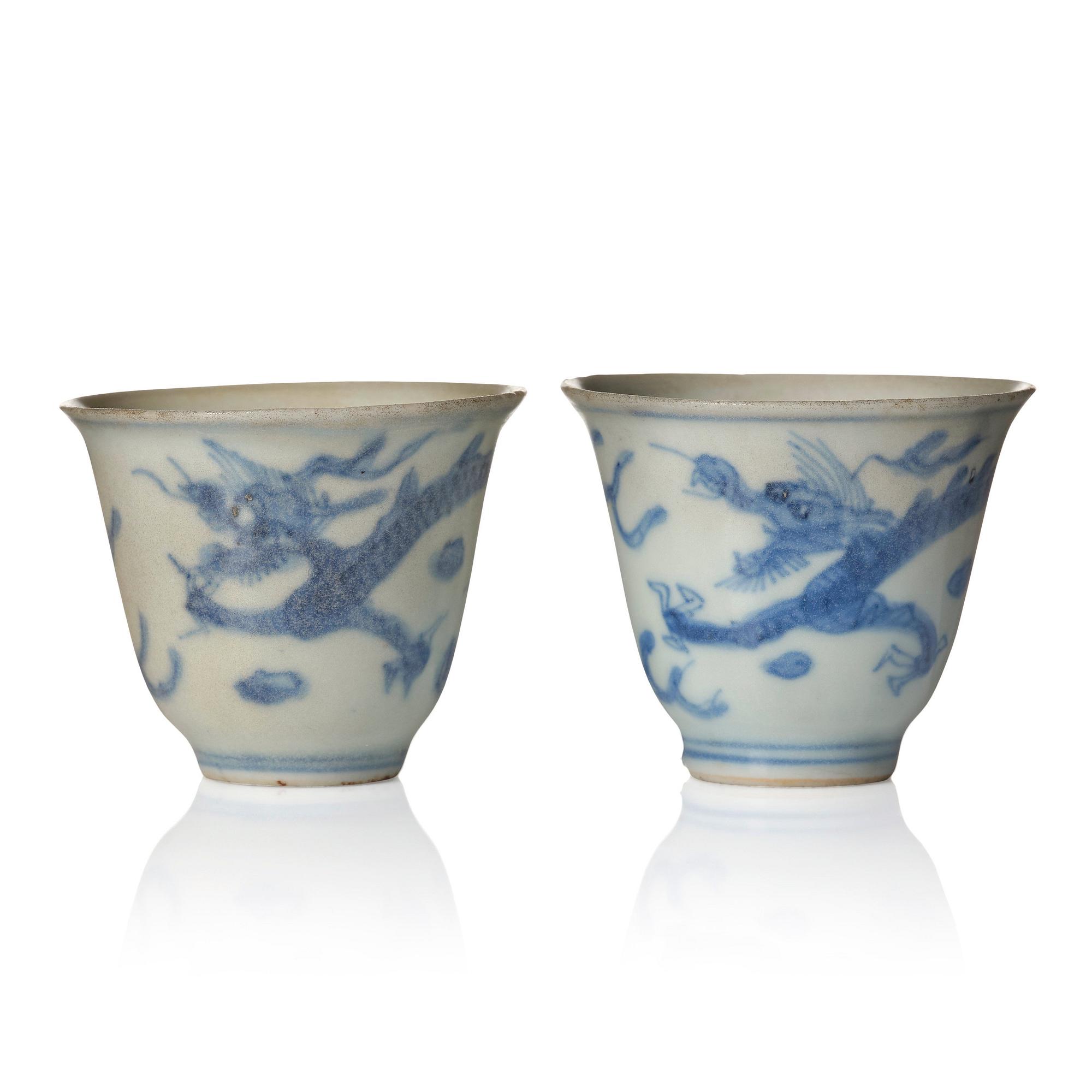 A pair of blue and white wine cups, 'Hatcher Cargo', 17th Century.
