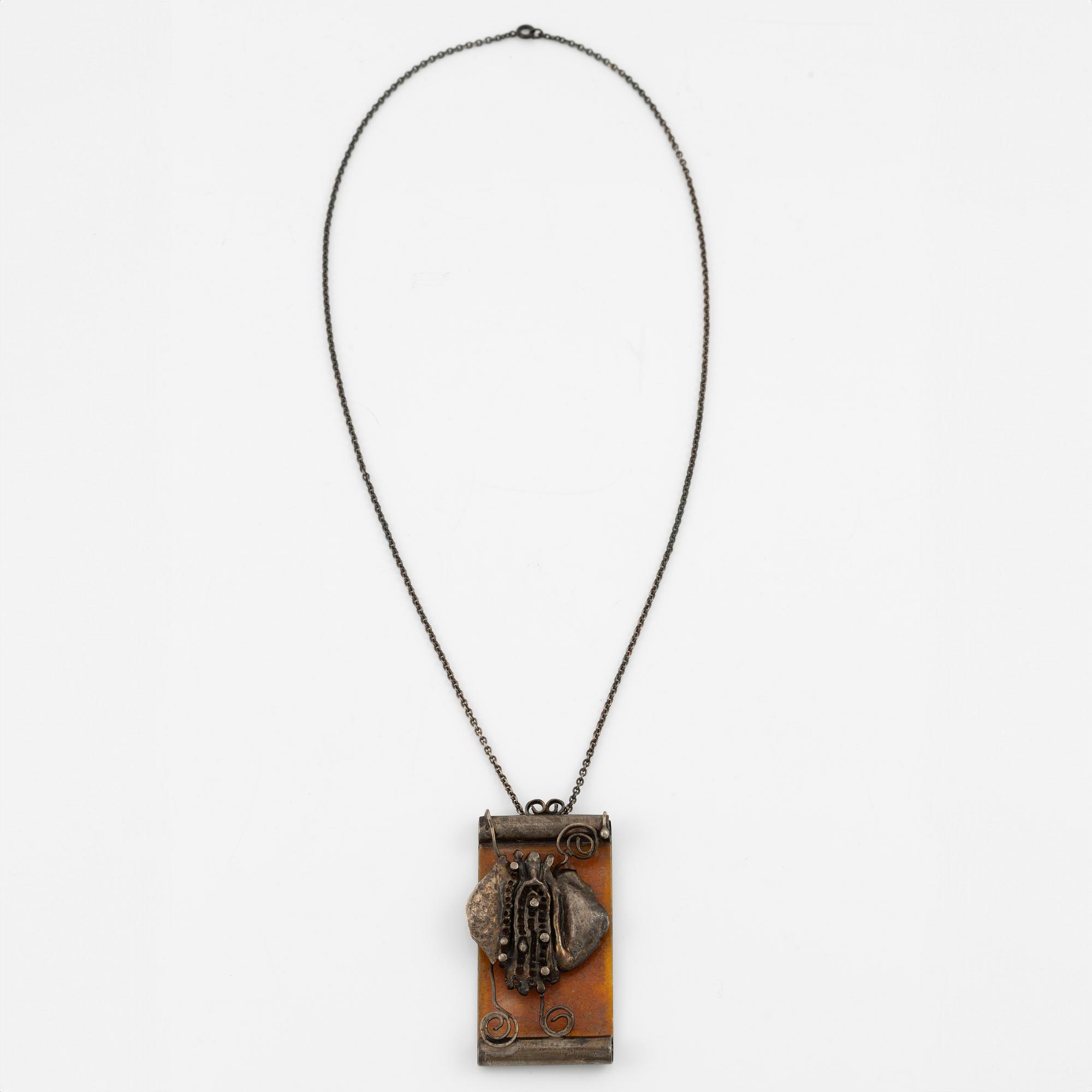 Lars Arrhenius, three pendants and a pair of earrings, sterling silver and enamel, Gothenburg, among others, 1969 and 1972.