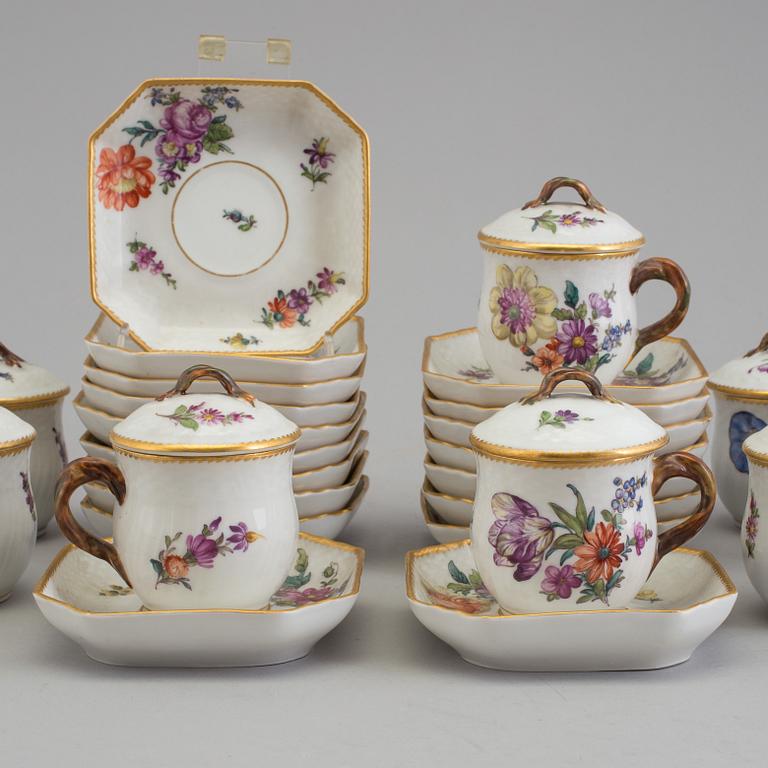 A set of 18 Royal Copenhagen Saxon Flower 1542 Custard Cups with Lids and Saucers.