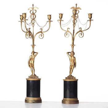 A pair of late Gustavian three-light chandeliers, circa 1800.