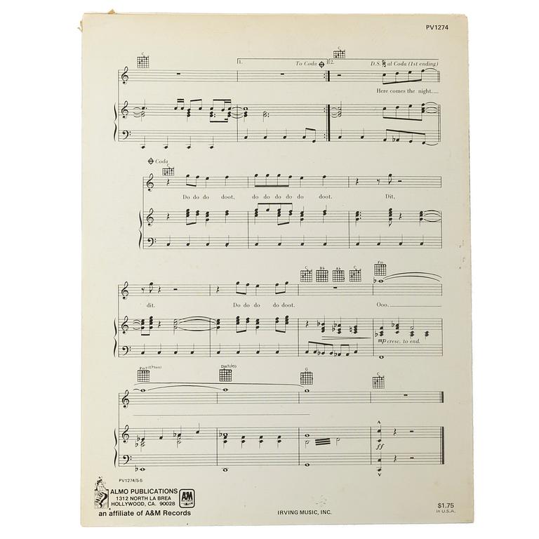 Beach Boys, "Here Comes The Night", signed sheet music, Almo Publications, USA.