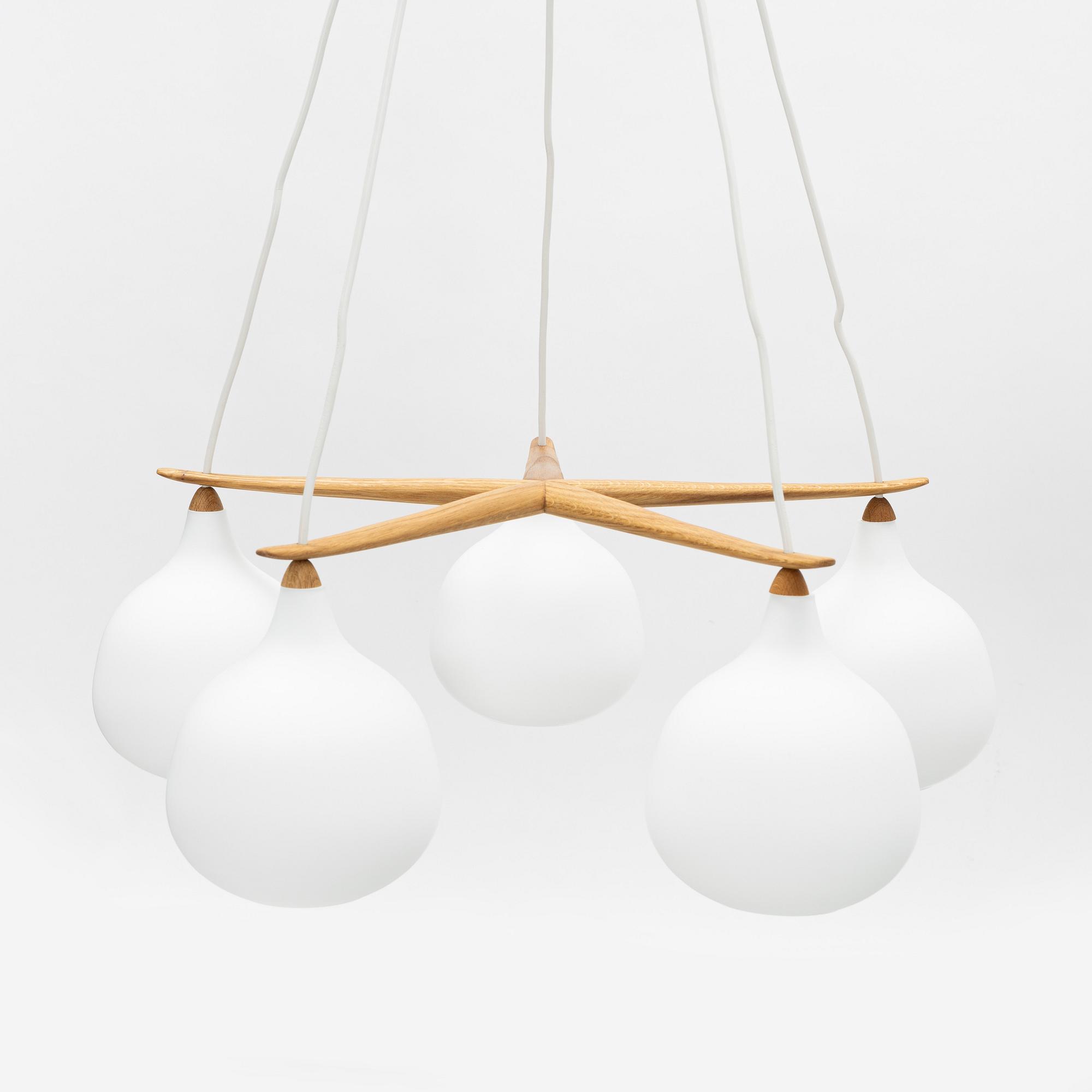 Uno & Östen Kristiansson, a glass and oak ceiling light, Luxus, Vittsjö.