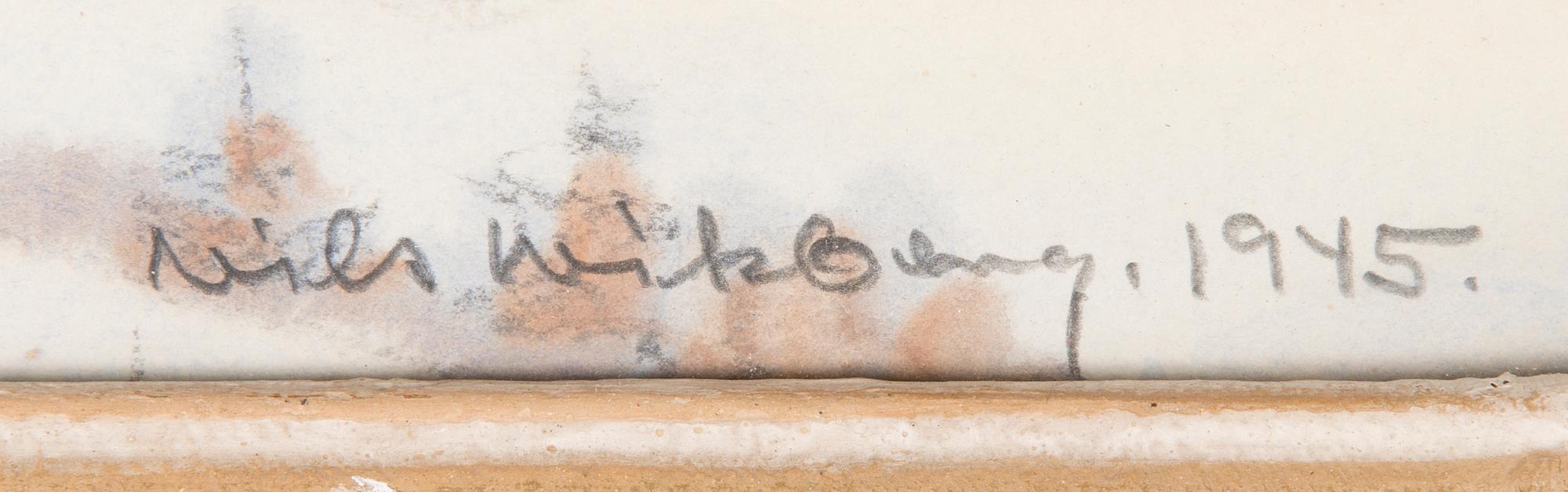 NILS WIKBERG, vesiväri, signeerattu ja päivätty 1945. Omistuskirjoituksella.