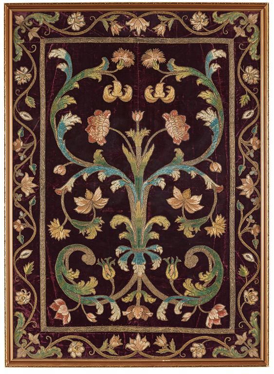 Broderi på sammet, ca 89,5 x 64 cm, sannolikt Italien,  1600-tal-1700-tal.