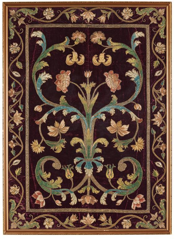 Broderi på sammet, ca 89,5 x 64 cm, sannolikt Italien,  1600-tal-1700-tal.