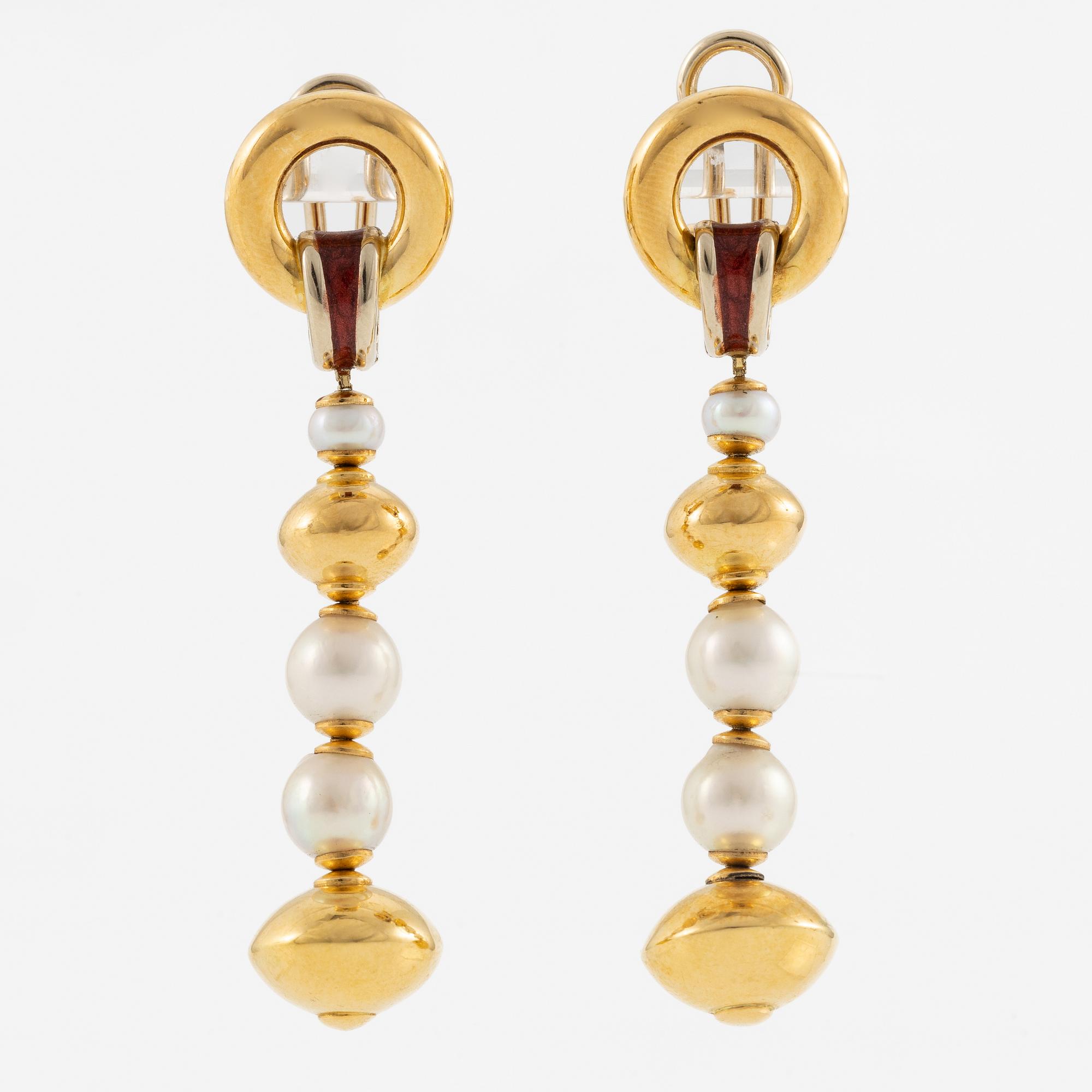 Earrings, a pair, 18K gold, enamel and cultured pearls, Italy.
