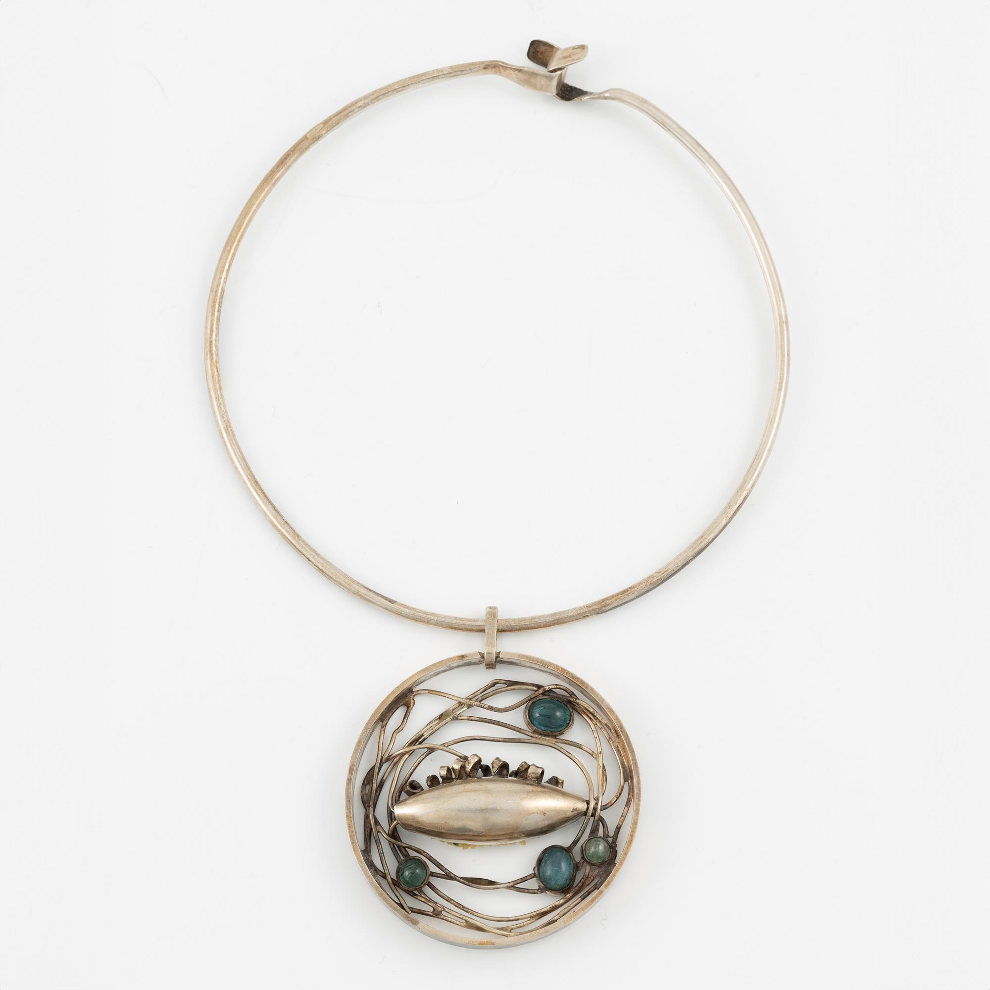 Lars Arby, pendant with neck ring, sterling silver with tourmalines, Gothenburg 1970 and 1974.