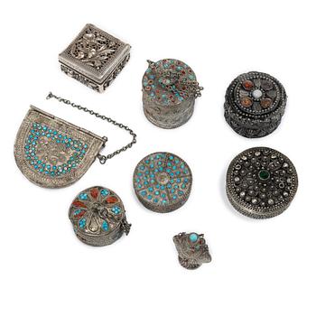 A group lot of eight silver boxes, South East Asia, 20th century.