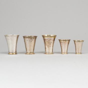 Five Swedish 18th century parcel-gilt silver beakers.