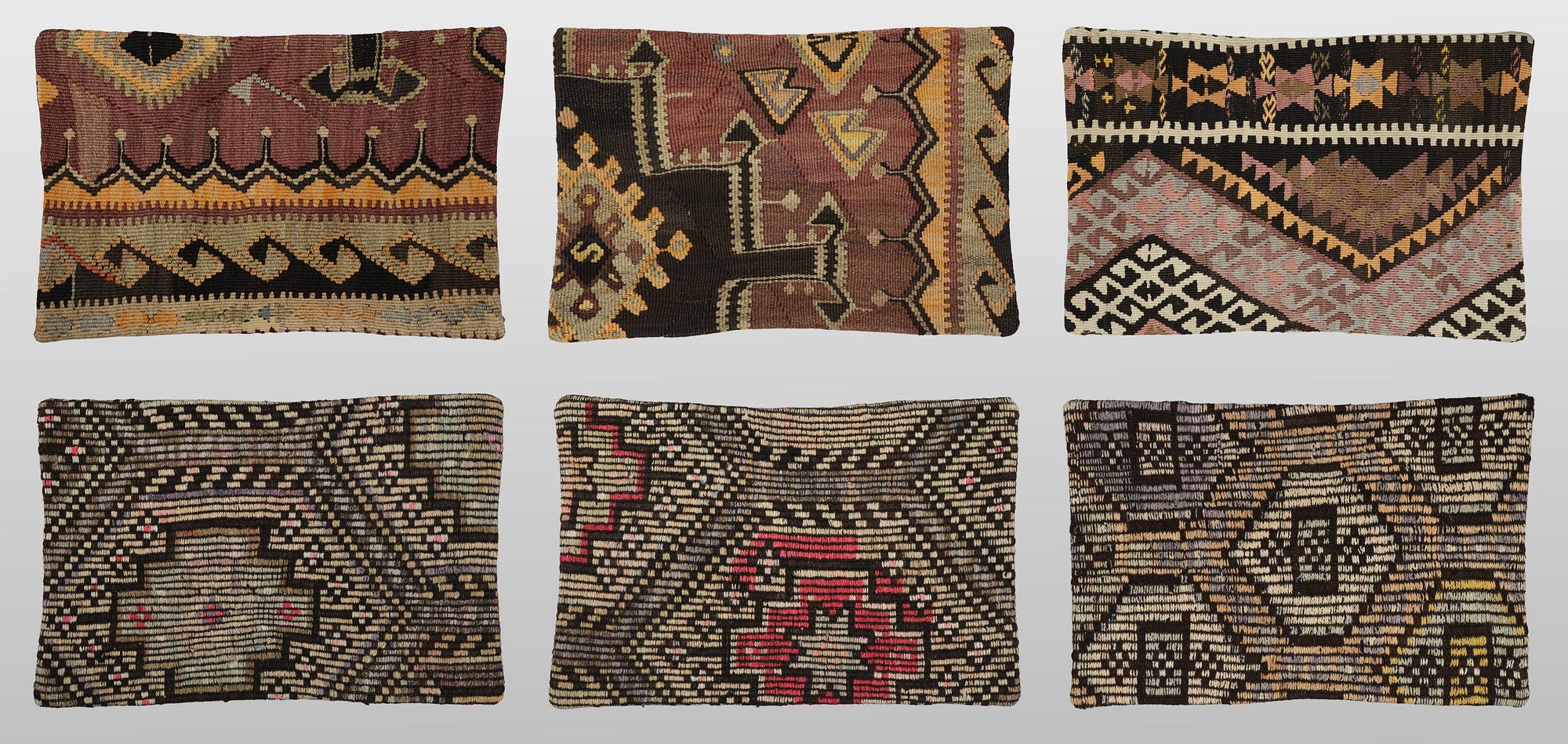 Cushion covers, 6 pcs, Anatolian Kelim fragments.