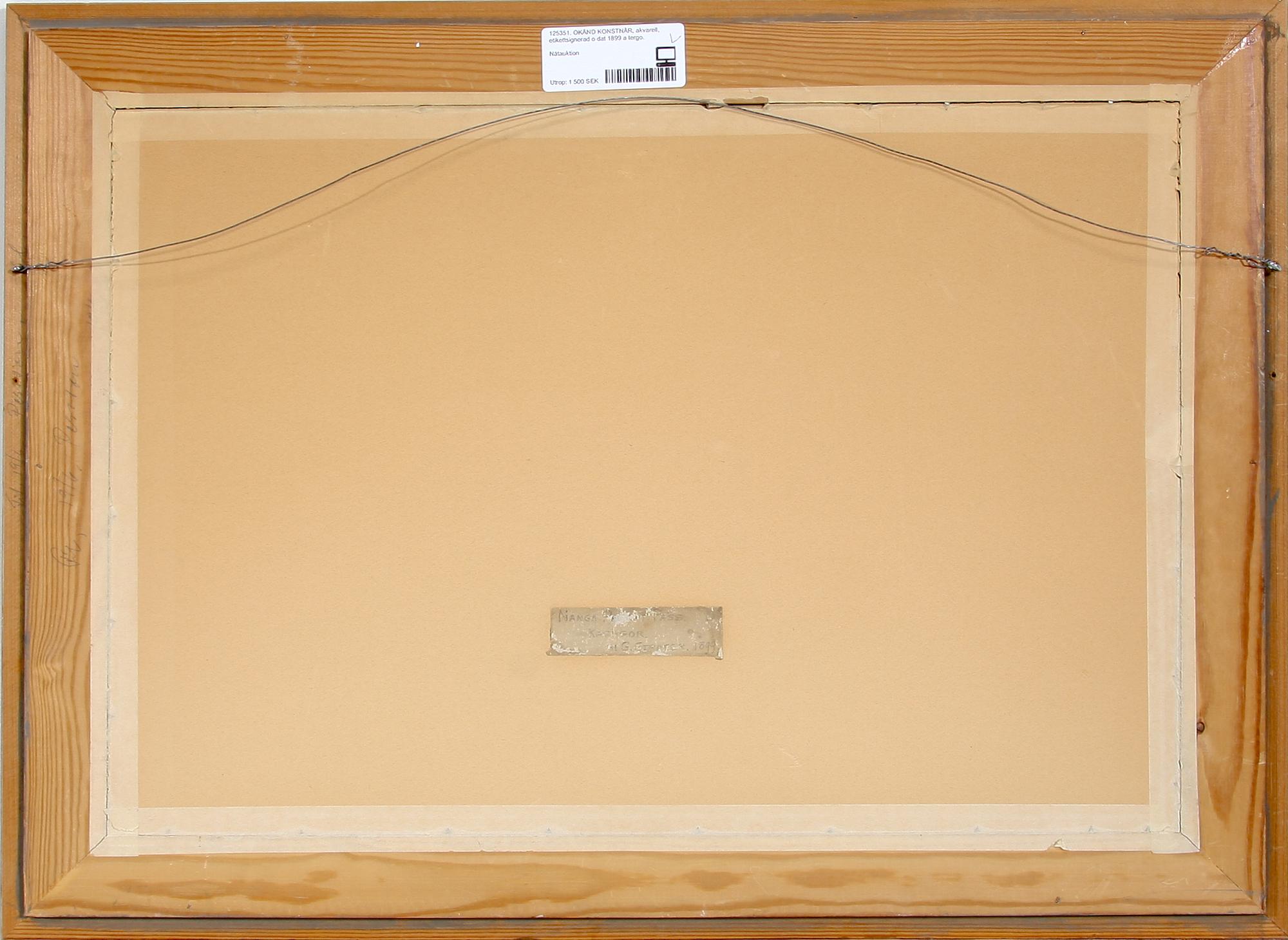 OKÄND KONSTNÄR, akvarell, etikettsignerad o dat 1899 à tergo.