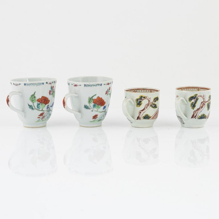 Two pairs of famille rose cups, a bowl, a small dish and a pair of deep dishes, Qing dynasty, 18th/19th century.