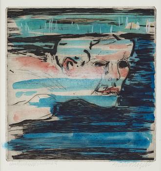 Hans Wigert, etching with watercolour, signed.