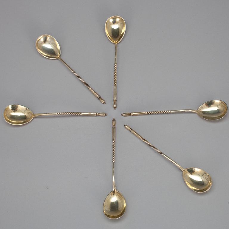 TESKEDAR, 6 st, förgyllt silver, Moskva Ryssland, 1894. Tot. vikt ca 69 g.