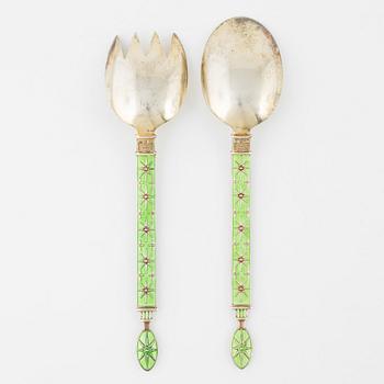 A pair of Norwegian silver-gilt and enamel serving cutlery by J Tostrup, mid 20th Century.