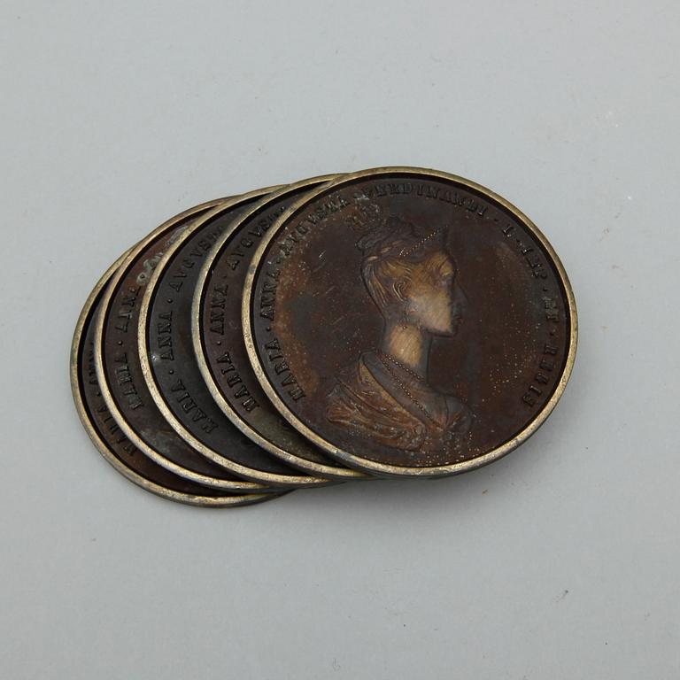 PLAKETTER, 5st, brons, senare avdrag, kröningsmedalj Ferdinand I och Maria Augusta, 1836.