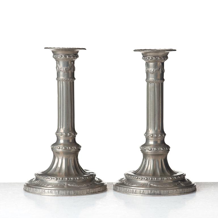 A pair of Gustavian pewter candlesticks by Jacob Sauer, Stockholm 1793.