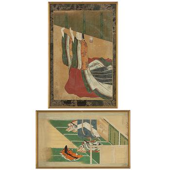 Oidentifierad konstnär, gouache på papper, två stycken, Japan, troligen 1800-tal.