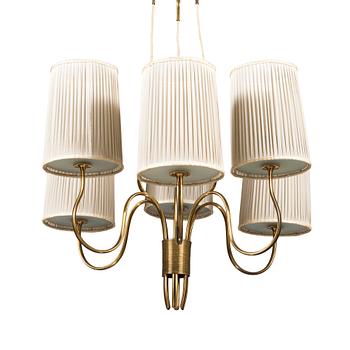 Paavo Tynell, a six-armed brass pendant ceiling light, Taito/ Idman, mid-20th century.